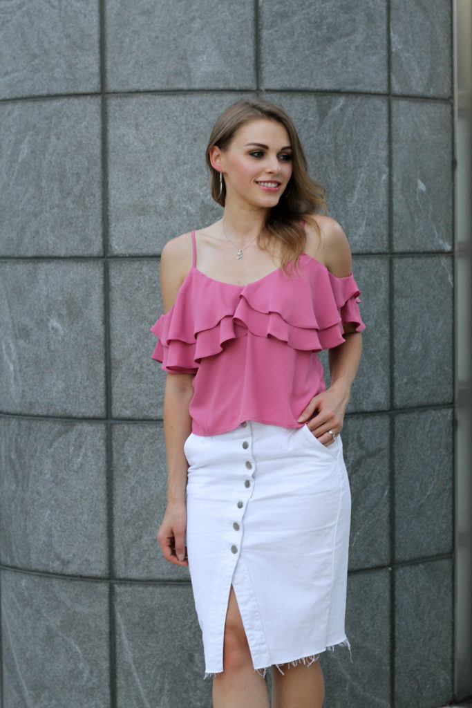 pink top white denim skirt